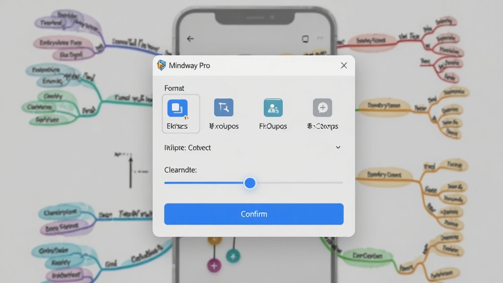 画面主体为 Mindway Pro 软件的导出设置弹窗,屏幕上显示格式选项与清晰度滑块,背景是一张已完成的思维导图;布局为手机屏幕居中,弹窗浮于导图之上;风格为现代简约UI风,配色以浅灰背景搭配蓝色确认按钮;细节上导出格式图标清晰、滑块带有渐变高亮;画质锐利,画面干净无多余元素。