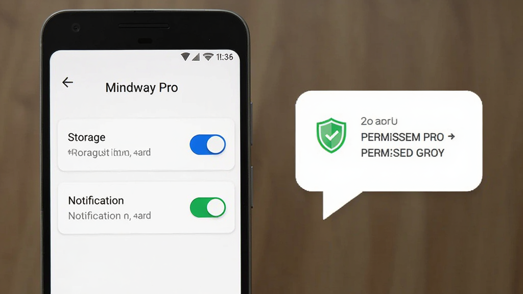 画面主体为一部安卓手机屏幕特写,显示 Mindway Pro 的权限设置引导页面,页面上有存储权限与通知权限的开关选项,旁边配有一个盾牌图标象征安全;布局为手机居中偏左,右侧留白处放置简洁的提示气泡图形;风格为扁平化信息图风,配色以白色背景搭配蓝色开关与绿色盾牌;细节上开关处于开启状态、文字说明清晰;画质高清,画面干净无多余元素。