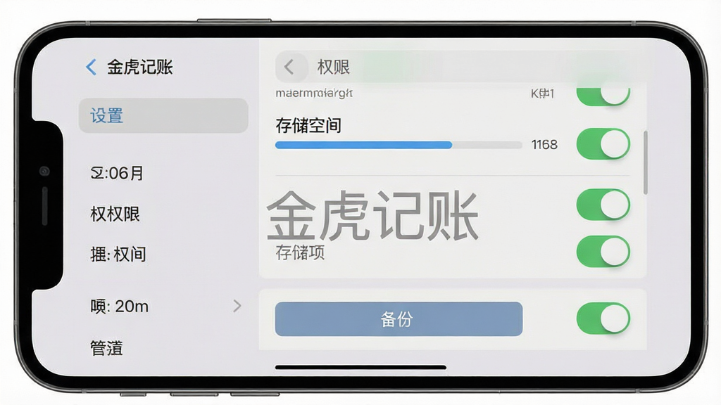一张手机屏幕展示记账软件设置页面,主体为手机界面中的权限管理和存储选项列表,布局左侧为设置菜单右侧为开关按钮,排版清晰分区明确,风格为浅灰质感工具类UI,细节包含存储空间进度条、权限开关、备份按钮,画面中打文字“金虎记账”,画质清晰干净无多余元素