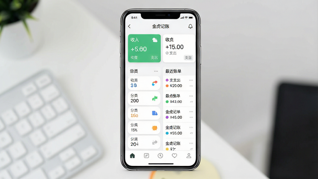 一张手机屏幕展示记账软件主界面,主体为居中竖放的智能手机,屏幕内显示收入支出卡片和分类图标,布局简洁上下分区,排版左侧为月度收支总览右侧为最近账单列表,风格为清爽扁平化UI设计,细节包含数字金额、彩色分类圆点、底部导航栏,画面中打文字“金虎记账”,画质清晰干净无多余元素