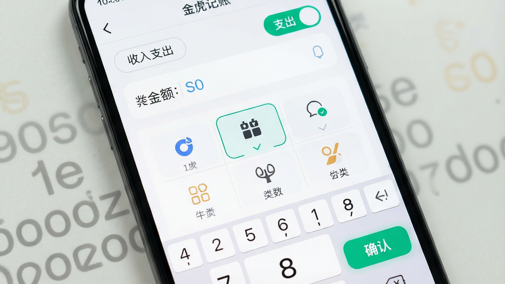 一张手机界面特写展示记账输入页面,主体为手机屏幕中央的金额输入框和分类选择区,布局上方为收入支出切换按钮下方为九宫格分类图标,排版整齐留白充足,风格为现代简约浅色UI,细节包含数字键盘、选中高亮的分类图标、确认按钮,画面中打文字“金虎记账”,画质清晰干净无多余元素