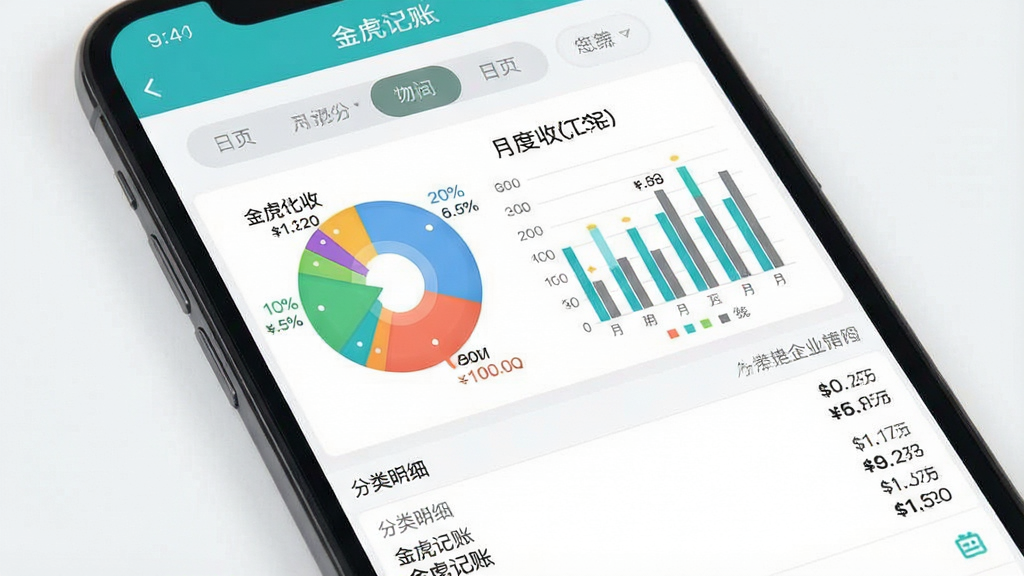 一张手机屏幕展示账单统计页面,主体为手机界面中的饼状图和月度收支柱状图,布局上方为月份切换栏中间为图表区域下方为分类明细列表,排版层次分明,风格为清新数据可视化风格,细节包含彩色饼图扇区、百分比标注、金额数字,画面中打文字“金虎记账”,画质清晰干净无多余元素