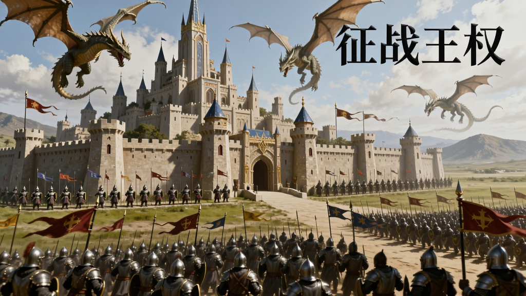 一座宏伟的魔幻王城矗立在平原中央,城墙上有士兵列阵,城外密密麻麻的军队举着旗帜向城门推进,天空中有巨龙盘旋,画面右上角浮现“征战王权”字样,史诗战争场景,写实厚涂风格,光影层次分明,画质细腻,干净无杂乱元素
