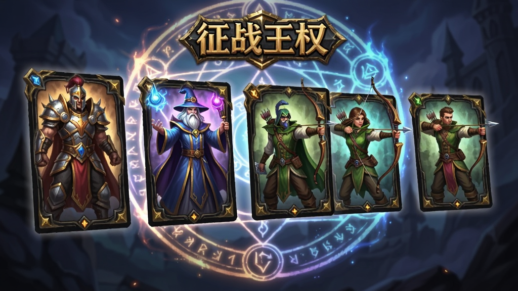 画面展示一排魔幻风格的英雄角色卡牌悬浮在空中,卡牌上有战士、法师、弓手等不同职业形象,背景是发光的魔法阵与“征战王权”游戏标识,卡牌排版整齐,暗金色边框,奇幻游戏UI风格,细节精致,画质清晰,干净无多余装饰