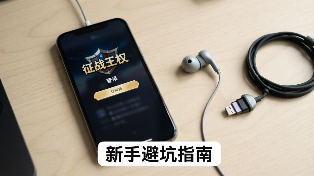 一部智能手机屏幕上显示“征战王权”游戏登录界面,旁边放着耳机与充电线,背景是简洁的浅色桌面,画面下方有“新手避坑指南”字样的标签,数码产品实拍风格,光线柔和,画质清晰,干净无杂乱物品