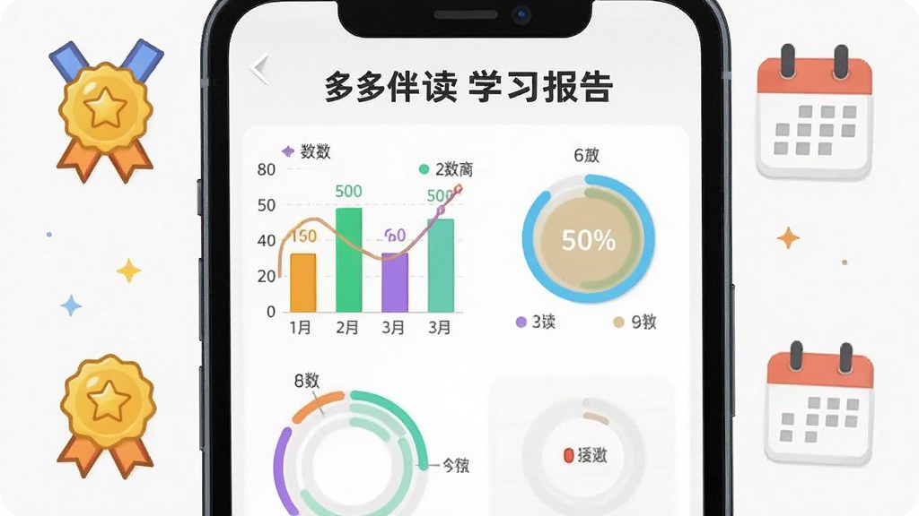 一张多多伴读学习报告界面的示意图,画面为手机屏幕特写,屏幕内展示彩色柱状图与环形进度条,数据标签清晰可见,周围点缀着卡通奖章与日历图标,布局为上下结构,风格扁平化设计,细节中体现数据可视化元素,画质干净明亮,无多余装饰