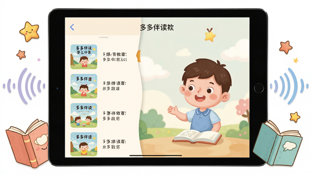 一张展示多多伴读软件界面的效果图,画面中央是平板电脑屏幕,屏幕内呈现色彩柔和的儿童绘本阅读界面,左侧为故事封面列表,右侧为正在朗读的动画角色,周围环绕着卡通书本、星星和声波元素,布局清晰居中,风格清新童趣,细节丰富,画质干净高清,无多余杂乱元素