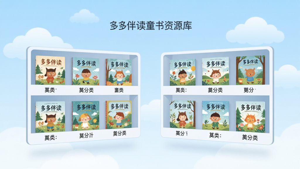 一张多多伴读童书资源库的界面展示图,画面主体为悬浮在空中的数字书架,书架上整齐排列着风格统一的绘本封面,每本书下方标注分类标签,背景为淡蓝色渐变天空与飘浮的云朵,布局采用左右对称结构,风格现代简约,细节中体现书籍封面的童趣插画,画质清晰干净,无多余元素