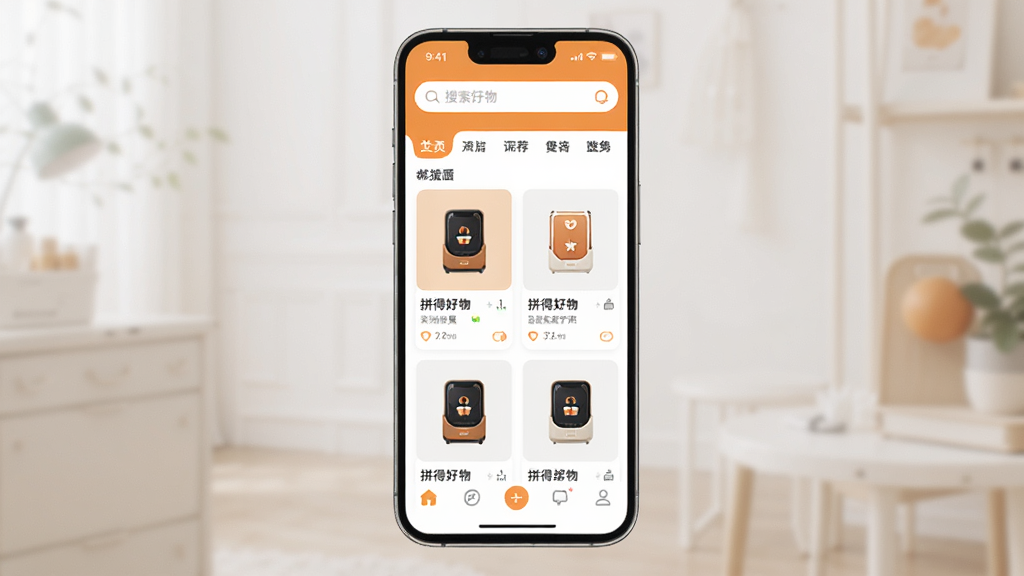 手机应用界面展示,画面中央是一部竖屏智能手机,屏幕上显示