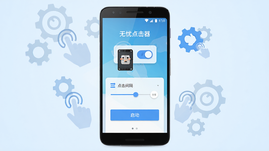 画面中央展示一部安卓智能手机,手机屏幕亮起显示一款名为“无忧点击器”的APP界面,界面包含悬浮窗开关、点击间隔设置滑块和启动按钮,手机周围漂浮着半透明的点击手势图标和齿轮元素,背景为干净的浅蓝色渐变,风格为扁平化科技插画,细节清晰,画质高清,画面干净无多余元素