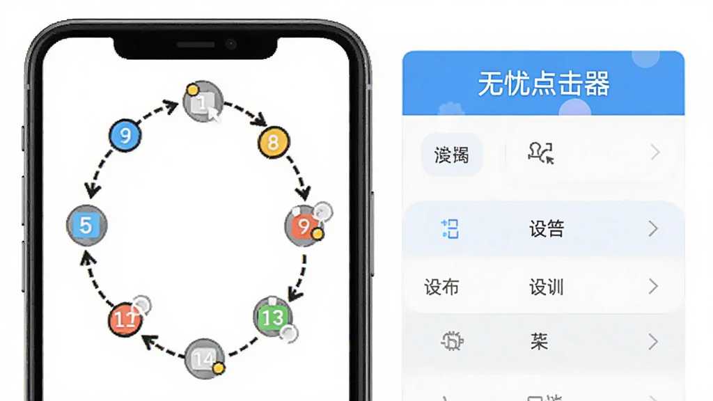 手机屏幕显示多个带编号的点击标记点,标记点之间有虚线箭头连接形成循环路径,旁边有“无忧点击器”字样的设置面板,风格为功能示意图,色彩明快,细节清晰,画质干净