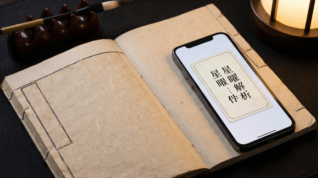 画面主体为一部手机斜放在摊开的线装古籍旁,手机屏幕显示星曜解析文字卡片,古籍页面为空白宣纸质感,布局为手机居右、古籍居左形成对角构图,排版疏朗,风格为传统文化书房氛围,细节包含毛笔笔架、暖色灯光、纸张纹理清晰,画质高清、干净、无多余元素