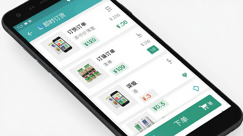 主体为一部安卓手机屏幕显示即时订货APP的订货界面,布局采用居中构图手机略微倾斜,排版为屏幕内商品列表与购物车按钮清晰可见,风格为清爽简约的扁平化UI设计,细节包含商品缩略图、价格标签与下单按钮,画质高清干净无多余元素