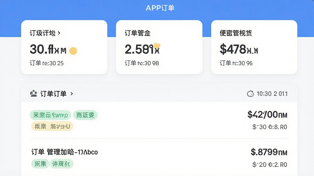 主体为即时订货APP订单管理页面展示,布局为上下结构顶部统计卡片下方订单列表,排版层次分明,风格为浅色系商务简洁风,细节包含状态标签、金额数字与时间信息,画质高清干净无多余元素