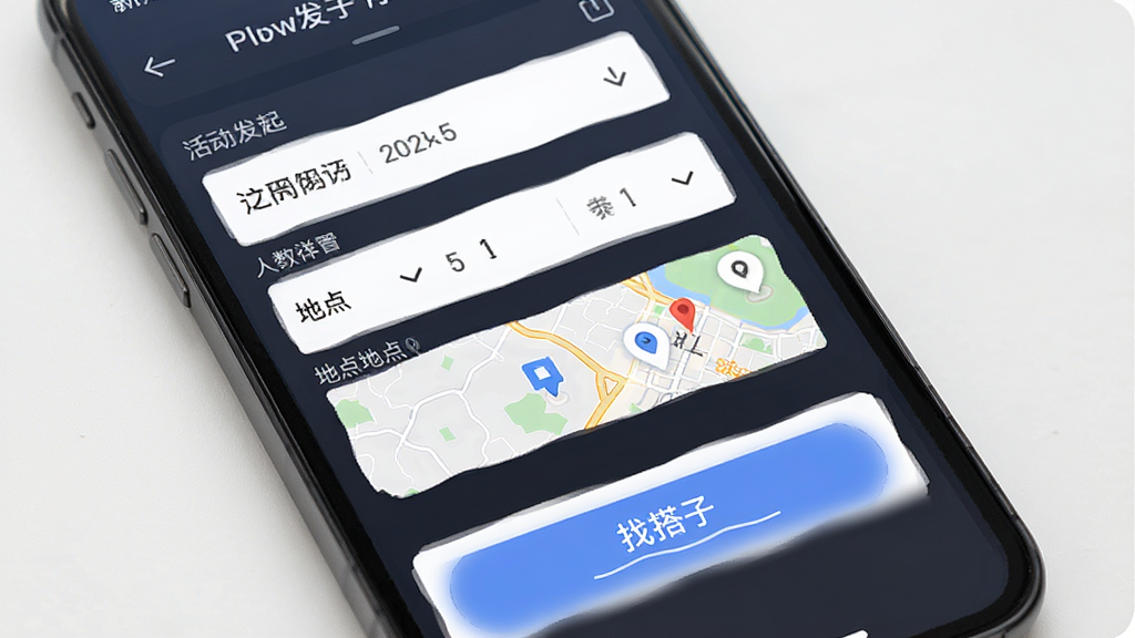 主体为手机界面展示活动发起页面,布局为上下结构,排版为上方表单下方按钮,风格为简约商务风,细节包括日期选择、人数设置、地点地图,画质为高清,干净无多余元素,界面中带文字“找搭子”