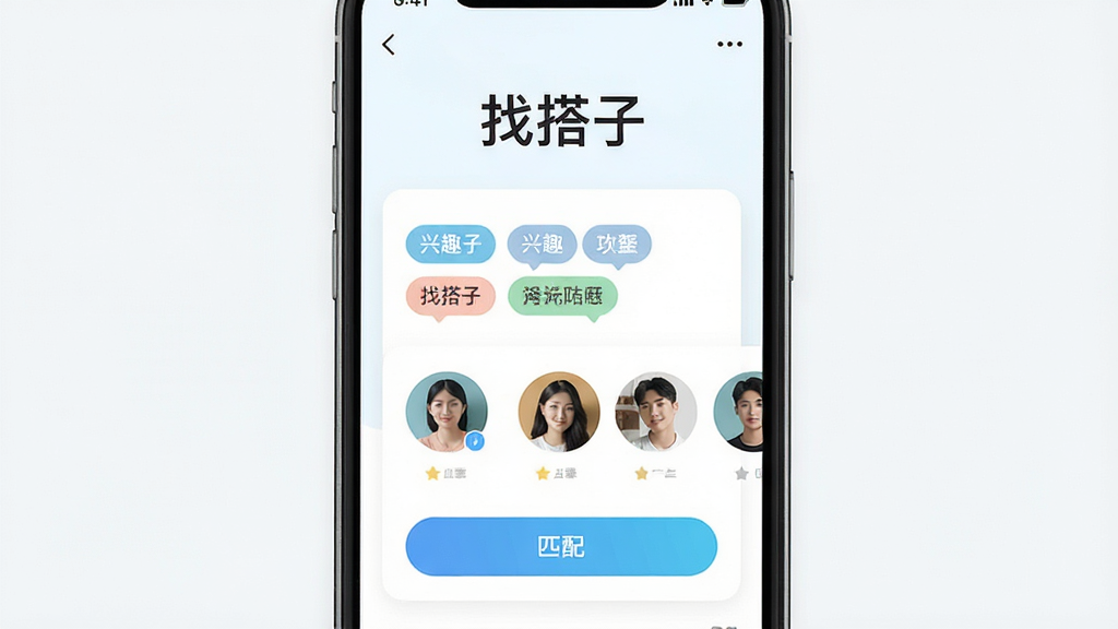 主体为一个手机屏幕展示社交应用界面,布局为居中构图,排版为上方标题下方功能卡片,风格为清新扁平化设计,细节包括兴趣标签气泡、头像列表、匹配按钮,画质为高清1080p,干净无多余元素,屏幕中显示文字“找搭子”