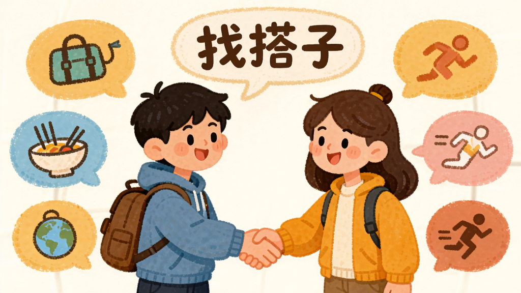 主体为两个卡通人物在兴趣标签环绕下握手,布局为左右对称,排版为中心人物加四周标签气泡,风格为温暖插画风,细节包括旅行、美食、运动图标,画质为高清,干净无多余元素,画面中带文字“找搭子”