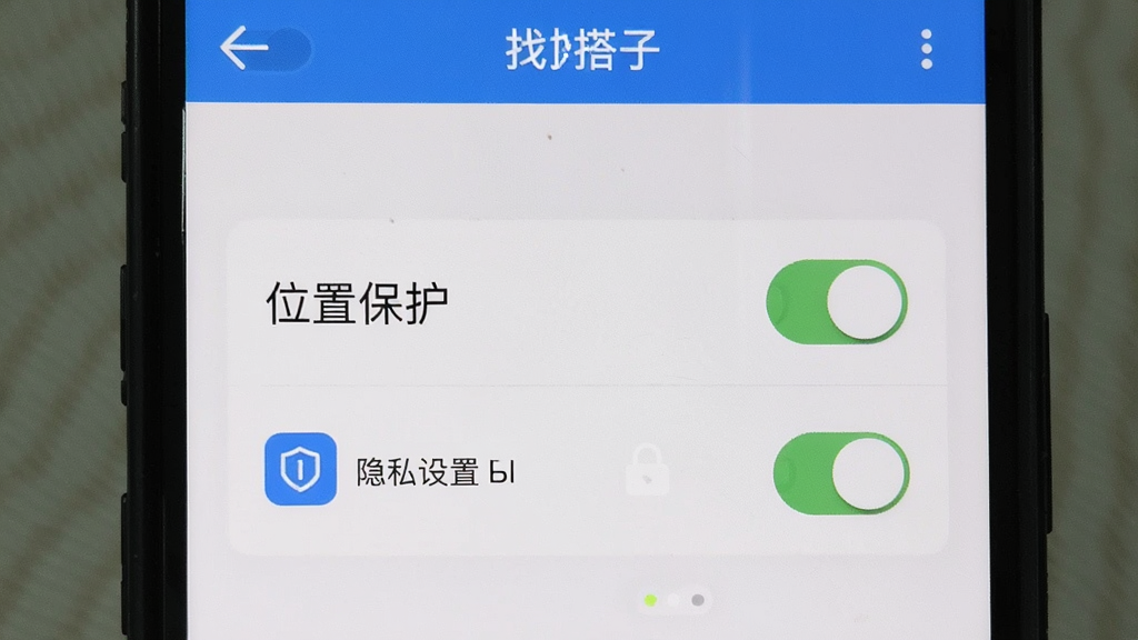 主体为手机屏幕展示安全设置界面,布局为居中,排版为上方标题下方开关列表,风格为简洁工具风,细节包括位置保护开关、隐私设置图标,画质为高清,干净无多余元素,界面中带文字“找搭子”