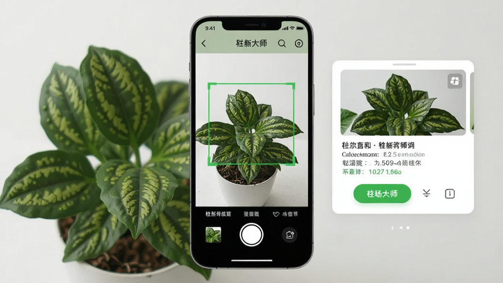 主体是一部智能手机屏幕显示植物识别大师应用界面,画面中央是一株绿色盆栽植物正被手机摄像头对准识别,布局为手机居中、植物在左、识别结果卡片在右,排版简洁清晰,风格为清新写实的产品展示风,细节包括屏幕上的绿色识别框、叶片纹理、界面按钮图标,画质高清、干净、无多余元素