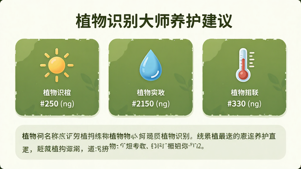 主体是植物识别大师养护建议页面,布局为上方植物名称标题、中部三列图标卡片、下方文字说明,排版为卡片式横向排列,风格为温暖自然的绿色调界面风,细节包括太阳图标、水滴图标、温度计图标及对应数值,画质高清、干净、无多余元素