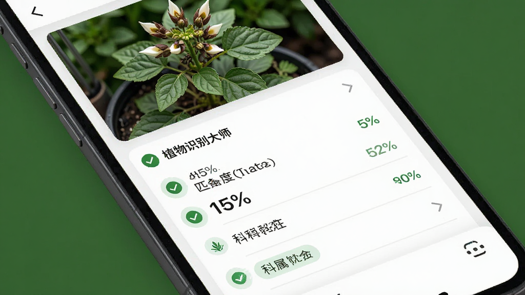 主体是植物识别大师应用识别结果页面,布局为上方植物照片、下方信息卡片纵向排列,排版为标题加条目的清单式结构,风格为清爽的移动端UI界面风,细节包括绿色对勾图标、匹配度百分比、科属文字标签,画质高清、干净、无多余元素