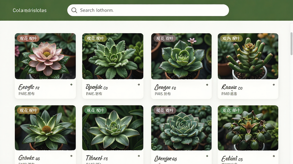主体是植物识别大师分类浏览页面,布局为顶部搜索栏、中部两列植物卡片瀑布流,排版为网格化信息流结构,风格为清新自然的图鉴风,细节包括观花观叶多肉分类标签、植物缩略图、名称文字,画质高清、干净、无多余元素