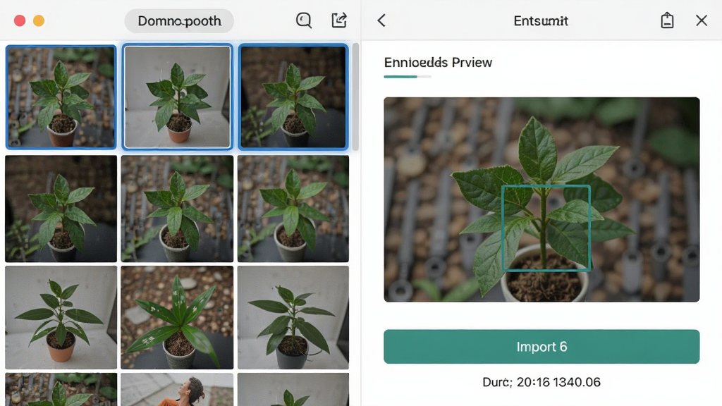 主体是植物识别大师相册导入功能界面,布局为左侧相册缩略图网格、右侧识别结果预览,排版为双栏对照结构,风格为现代扁平化应用界面风,细节包括照片选中高亮边框、导入按钮、历史记录时间戳,画质高清、干净、无多余元素