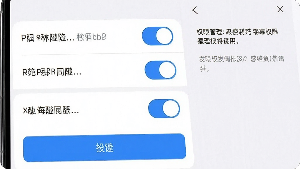 手机界面展示权限管理设置页面,画面中列出若干权限开关选项,界面以浅色背景搭配蓝色高亮按钮,右侧有简洁的说明文字区域,整体排版规整,风格清爽,画质清晰干净,无多余元素