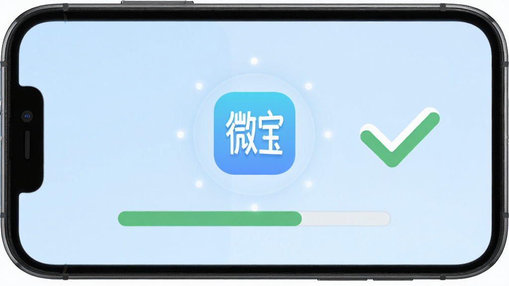 一部手机屏幕显示安装进度条完成的画面,界面中央出现“微宝”应用图标,背景为淡蓝色渐变,图标周围有轻微光晕,画面右侧放置一个简洁的进度完成对勾符号,整体风格扁平化,构图居中,画质清晰干净,无多余装饰元素
