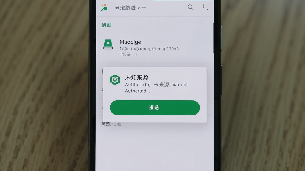 一部安卓手机屏幕显示应用安装界面,画面中出现“未知来源”授权提示弹窗,下方有继续安装按钮,背景为浅色系统设置页面,构图以手机屏幕为中心,风格写实简洁,画质清晰干净,无多余元素