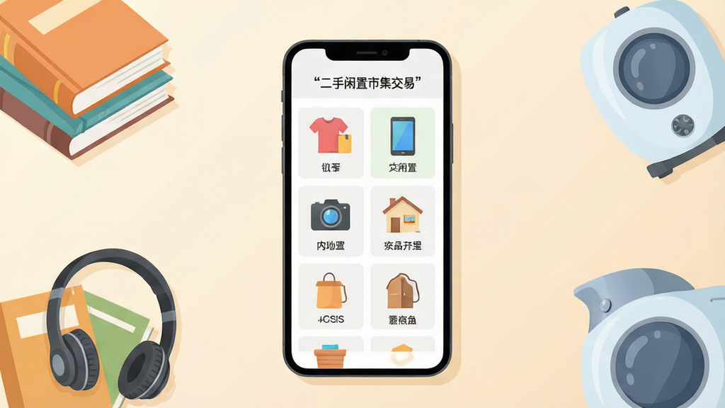 一幅展示二手闲置市集交易软件界面的手机场景图,画面中央是一部竖屏智能手机,屏幕上显示着分类清晰的闲置商品列表,包含衣物、数码、家居等图标,手机周围散落着书籍、耳机、小家电等闲置物品,布局采用居中构图,背景为浅米色渐变,风格为清新扁平化插画,细节上手机屏幕内文字使用引号标注“二手闲置市集交易”,画质清晰干净,无多余装饰元素