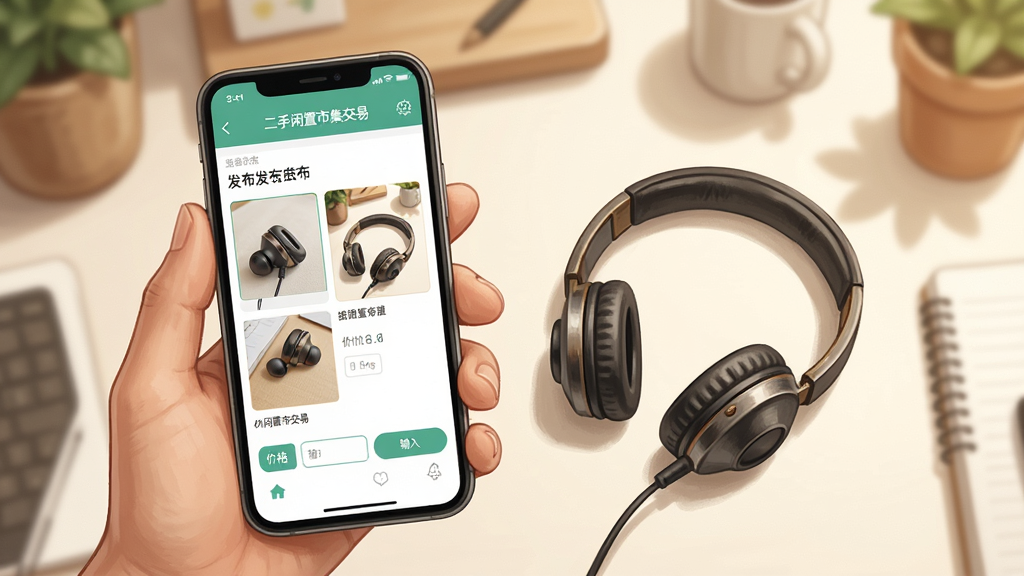 一只手拿着手机拍摄桌面上的一只旧耳机,手机屏幕显示“二手闲置市集交易”的发布页面,页面中有照片预览框和价格输入栏,背景是温馨的居家桌面环境,构图采用俯视视角,风格为写实摄影感插画,细节上手机界面文字清晰可辨,画质明亮干净,无杂乱物品