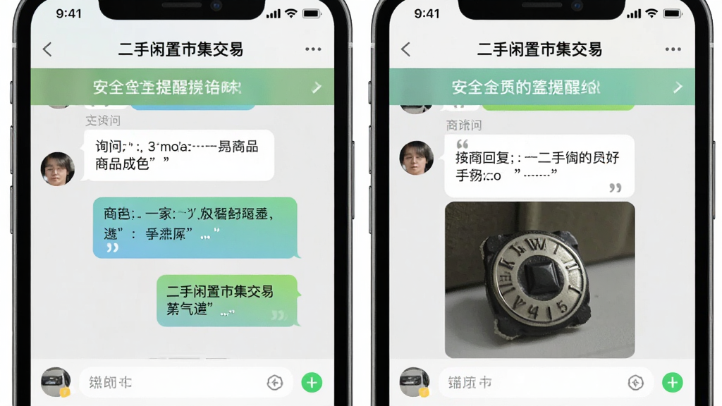 两个手机屏幕并排展示“二手闲置市集交易”的聊天界面,左侧屏幕显示买家询问商品成色,右侧屏幕显示卖家回复并附上物品细节图,界面中有安全提醒横幅,布局为左右对称,风格为简洁UI展示图,细节上聊天气泡文字使用引号标注,画质干净清晰,无多余背景元素