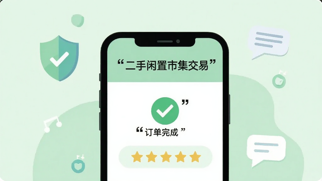 一部手机屏幕显示“二手闲置市集交易”的订单完成页面,旁边有对勾图标和五星评价组件,画面采用柔和的浅绿色背景,风格为清爽的扁平化插画,布局为手机居中、周围点缀安全盾牌和聊天气泡图标,细节上界面文字使用引号标注,画质干净整洁,无多余装饰