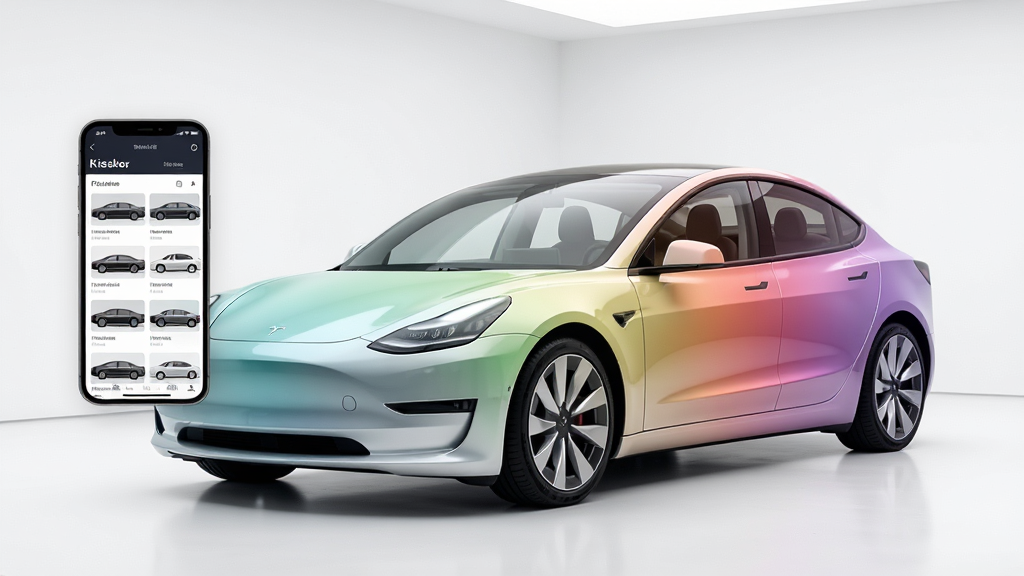主体为一辆白色特斯拉Model 3停在简约展厅中央,车身侧面叠加半透明车衣色彩分层效果,左侧悬浮手机界面展示车衣库软件款式列表,布局为左车右屏对称构图,排版干净留白充足,风格为现代科技产品展示风,细节包含车身反光、轮毂质感、屏幕UI清晰可见,画质高清锐利,干净无多余元素