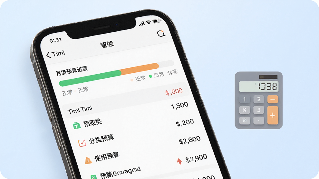 手机屏幕显示Timi记账的预算管理页面,页面上方是月度预算进度条,下方是各分类预算的使用情况列表,进度条以绿色和橙色区分正常与预警状态,画面旁边配有一个简约的计算器图标,背景为淡蓝色渐变,风格商务简洁,画质高清,排版规整
