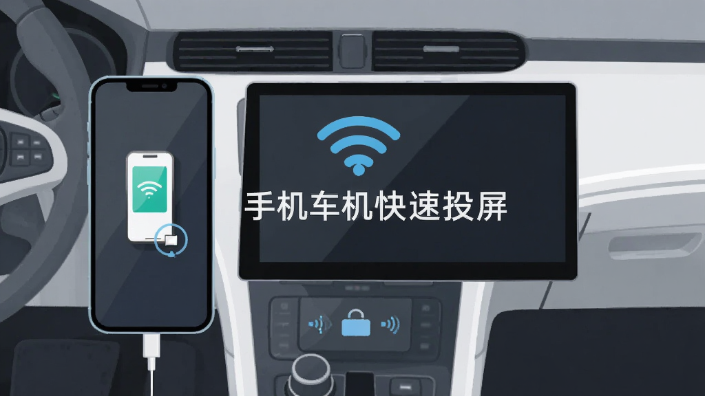 一部手机与车载屏幕之间通过无线信号图标连接,画面中央显示“手机车机快速投屏”字样,背景为简洁的车内中控台环境,风格为扁平化科技插画,布局居中对称,细节突出无线连接波纹与快速配对动画效果,画质清晰,干净无多余元素