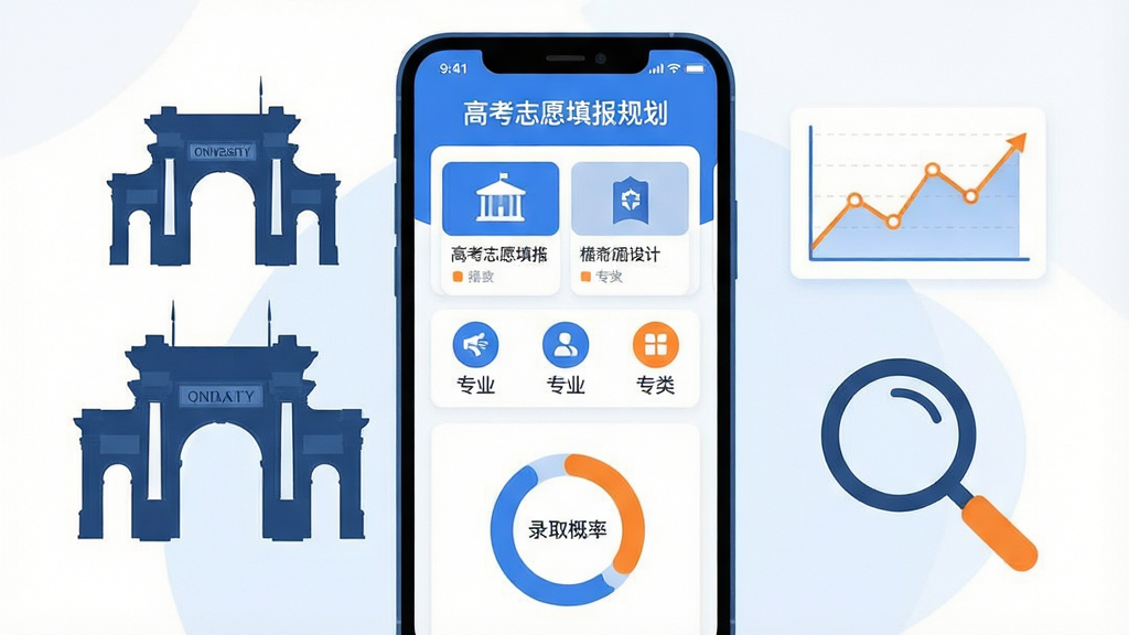 画面中央是一部竖屏智能手机,屏幕上显示“高考志愿填报规划”应用主界面,界面中包含院校卡片、专业分类图标和录取概率环形图,手机两侧漂浮着大学校门剪影、数据折线图与放大镜元素,整体布局居中对称,风格为清爽扁平化插画,配色以蓝白为主辅以少量橙色点缀,细节上强调界面文字清晰可读、图标圆润统一,画质高清,画面干净,无多余元素