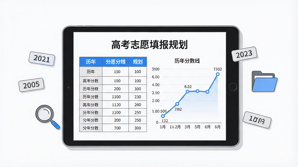 画面为一张数据查询界面的场景插画,居中放置一台平板电脑,屏幕上显示“高考志愿填报规划”的历年分数线表格与折线趋势图,表格行列清晰、折线图带有数据节点,平板周围漂浮着年份标签、放大镜与文件夹图标,布局居中,风格为简洁商务插画,配色以白灰为底、蓝色数据线突出,细节上强调表格线框整齐与图表标注清楚,画质高清,画面干净,无多余元素