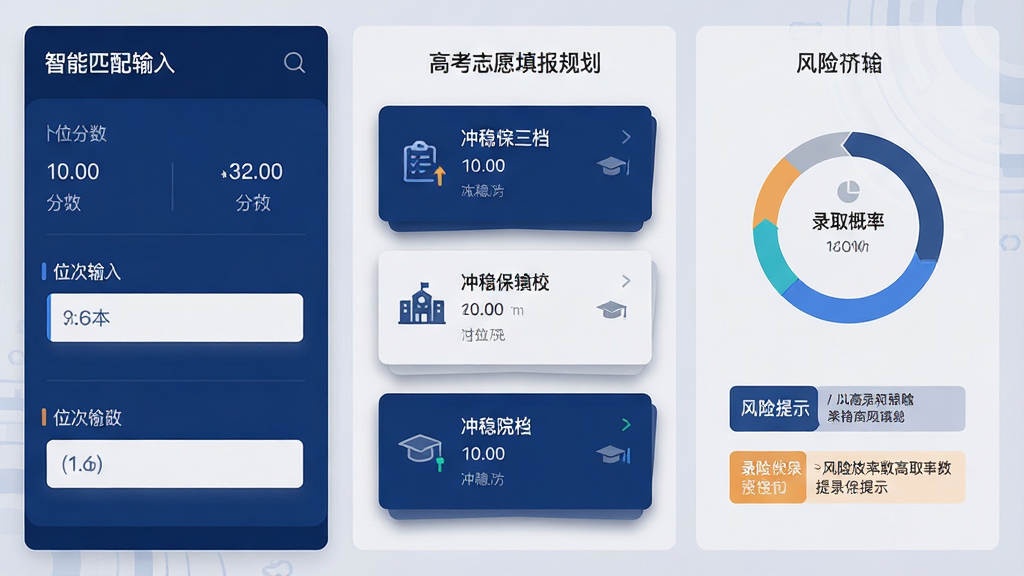 一张横向构图的智能匹配界面展示图,画面左侧为分数与位次输入面板,中部为“高考志愿填报规划”的冲稳保三档院校卡片纵向排列,右侧为录取概率环形图与风险提示标签,整体布局左中右三段式,风格为现代科技感UI插画,配色深蓝与浅灰搭配,细节上突出卡片阴影层次与数据可视化图表,画质清晰,画面干净,无多余元素