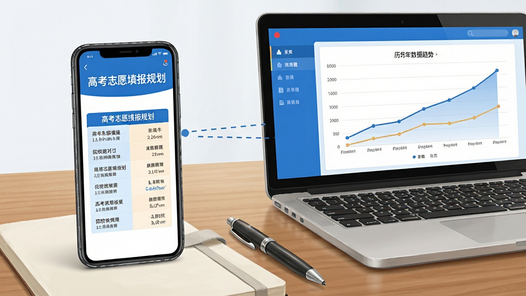 画面为一部手机与一台笔记本电脑并排摆放的桌面场景,手机屏幕显示“高考志愿填报规划”的院校对比页面,电脑屏幕显示历年数据趋势图,两者之间用虚线连接表示数据同步,桌面上放置笔记本与笔,整体布局左右并列,风格为写实办公场景插画,配色以木色桌面与蓝白界面为主,细节上强调屏幕内容清晰与设备质感,画质高清,画面干净,无多余元素