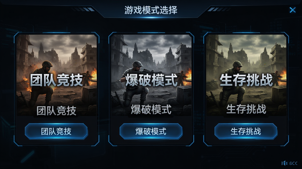 游戏模式选择界面,画面中并排展示三个模式卡片,分别标注团队竞技、爆破模式、生存挑战字样,卡片背景为不同战场场景缩略图,整体采用深色科技感UI风格,按钮带蓝色光效,排版整齐,高清画质,干净无多余元素