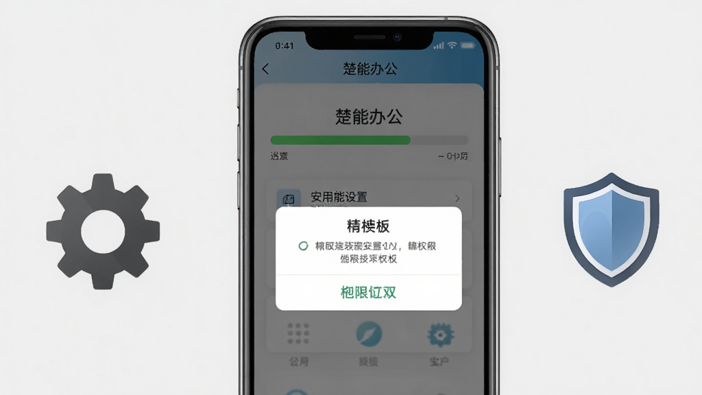 一幅展示手机应用安装设置界面的示意图,画面中手机屏幕显示“楚能办公”安装进度条和权限授权弹窗,旁边有齿轮图标和盾牌图标,背景为浅灰色,风格写实简洁,构图以手机为中心,细节清晰,画质干净无杂乱元素