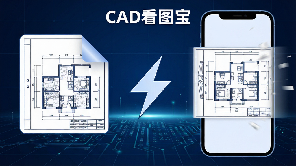一张表现CAD看图宝极速解析能力的示意图,画面左侧是一张复杂的建筑CAD图纸文件图标,右侧是手机屏幕瞬间显示完整图纸的画面,中间用闪电形状的箭头连接,背景为深蓝色科技感网格,风格扁平化,细节清晰,画质干净,图中带有“CAD看图宝”文字标识