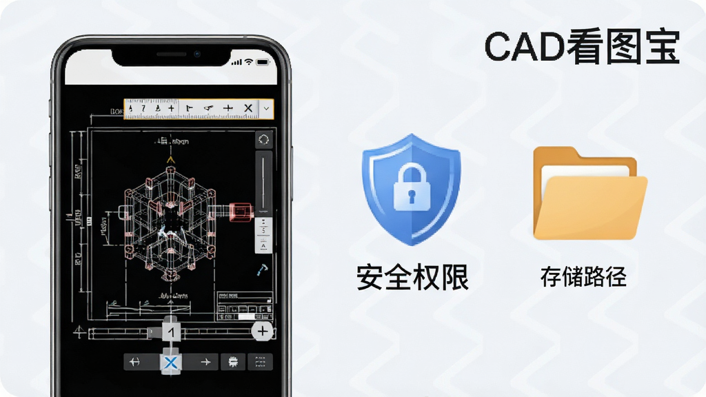 一张表现手机CAD看图操作注意事项的示意图,画面中一部手机屏幕显示CAD图纸和测量工具,旁边有盾牌图标代表安全权限、文件夹图标代表存储路径,背景为浅色简约风格,元素布局清晰,画质干净,图中带有“CAD看图宝”文字