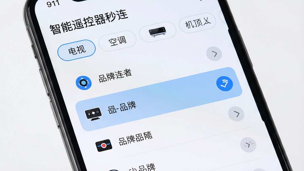 主体为“智能遥控器秒连”软件界面中展示的品牌选择列表,屏幕上有电视、空调、机顶盒等分类标签;布局为手机屏幕特写居中,列表项整齐排列;排版强调分类标签与品牌名称的层级关系;风格为简洁明快的UI界面展示图,浅色背景;细节包括列表项带有小图标、选中状态高亮、界面干净无广告;画质高清,干净,无多余元素