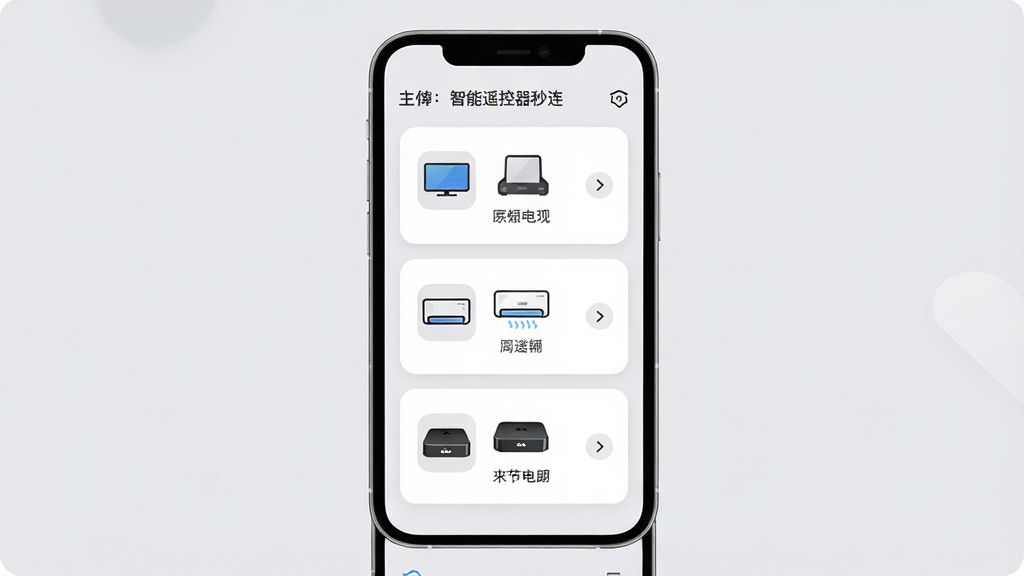 主体为“智能遥控器秒连”多设备管理界面,手机屏幕上同时显示电视、空调、机顶盒三个控制卡片;布局为手机居中,三个卡片纵向排列并带有设备图标与名称;排版清晰展示卡片式管理结构;风格为现代扁平化UI展示,浅灰背景;细节包括卡片圆角、图标精致、有切换箭头示意;画质高清,干净,无多余元素
