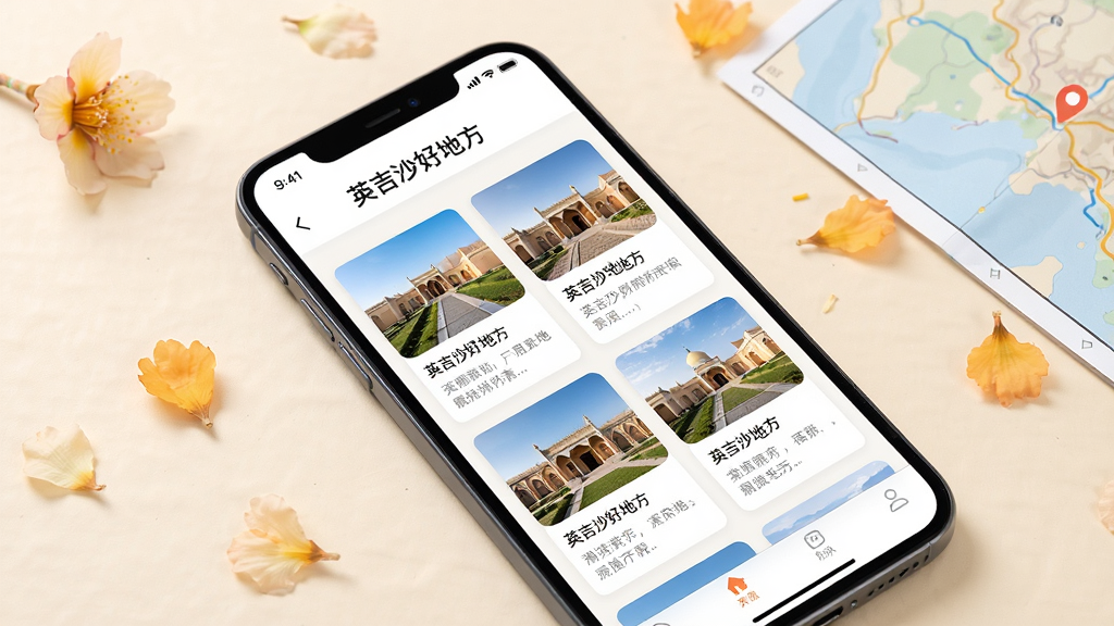 画面主体为“英吉沙好地方”应用内景点列表页面,手机屏幕展示多个景点卡片,卡片上带有缩略图与简短介绍;布局为手机斜放于浅色背景中,旁边散落杏花花瓣与旅行地图;风格为简约明快风;细节包括卡片排版整齐、文字清晰、色彩柔和;画质高清、干净、无多余元素