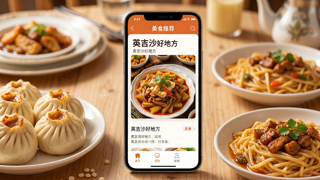 画面主体为“英吉沙好地方”应用内美食推荐页面,手机屏幕显示美食图片与简介文字,背景为餐桌场景;布局为手机正立居中,周围摆放新疆特色美食如烤包子、拉条子;风格为温暖生活风;细节包括食物色泽诱人、界面文字自然、光影柔和;画质高清、干净、无多余元素