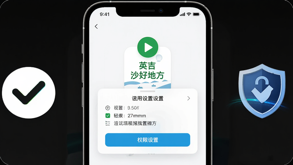 画面主体为手机屏幕显示“英吉沙好地方”应用安装完成界面与权限设置弹窗;布局为手机居中,旁边有对勾图标与盾牌安全元素;风格为科技简洁风;细节包括界面文字清晰、图标醒目、背景干净;画质高清、干净、无多余元素